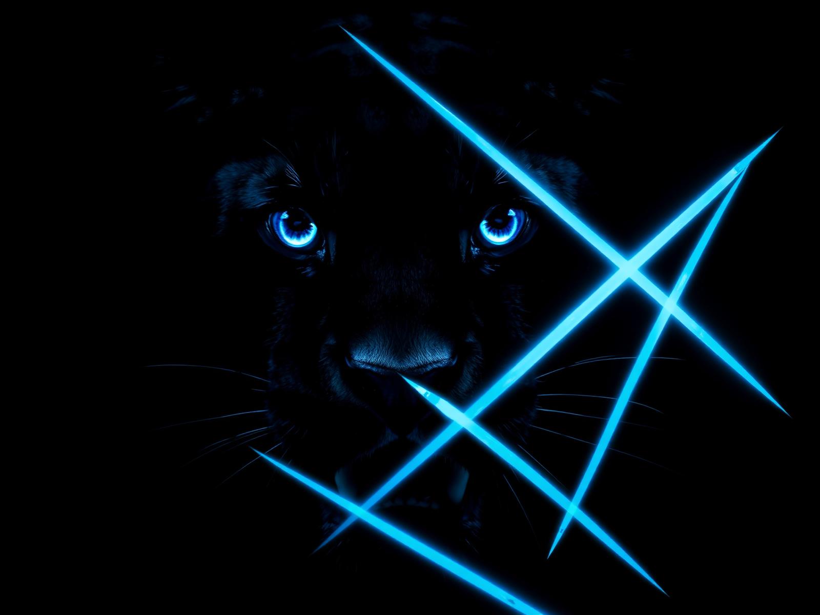Black panther with glowing blue eyes and neon claw slashes